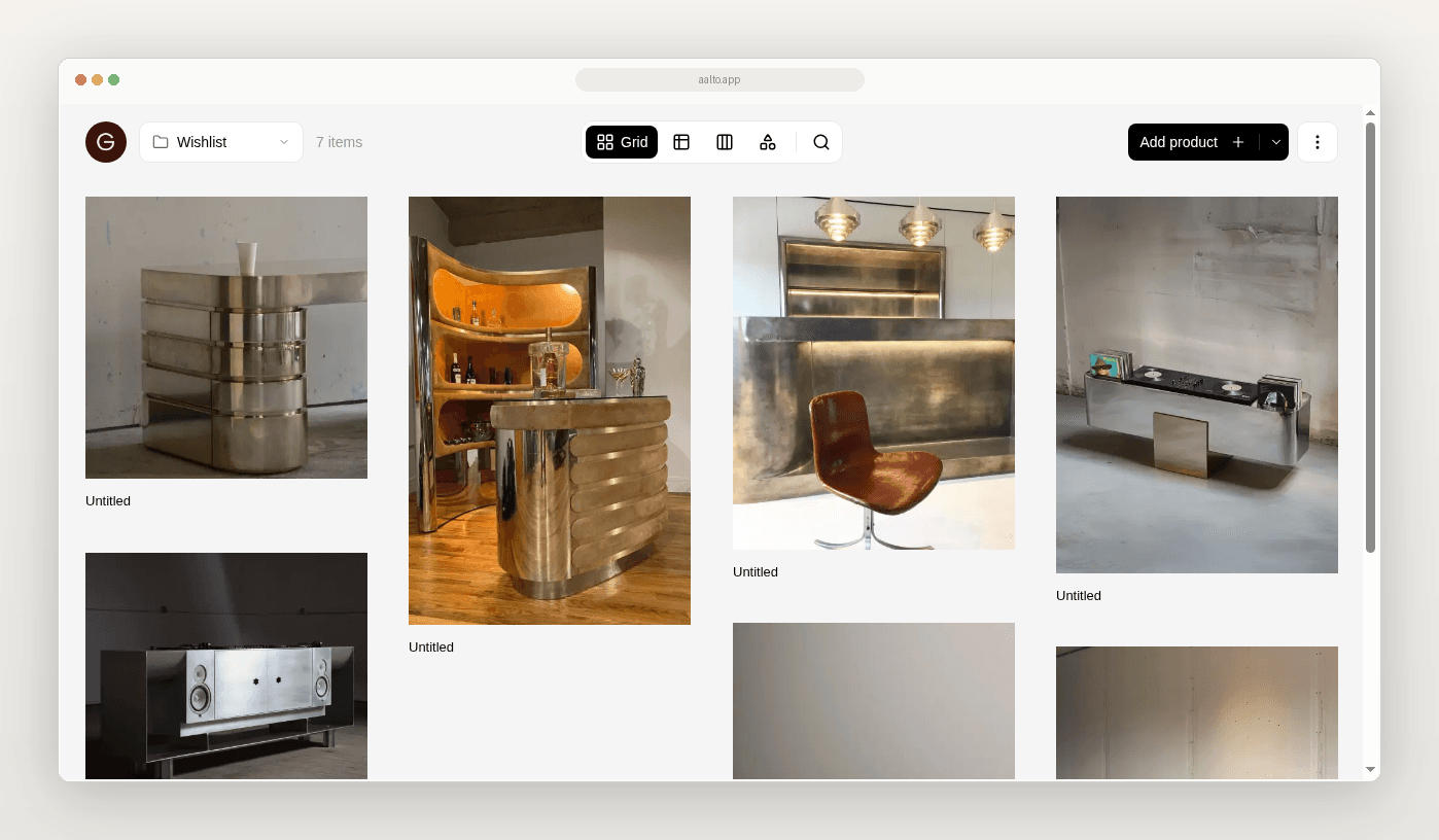Aalto product library grid in a browser frame