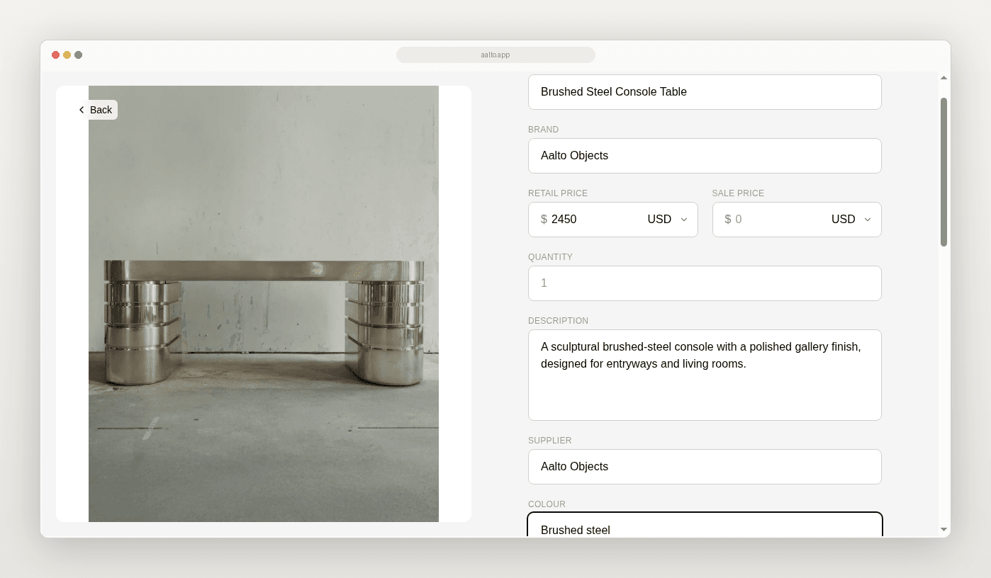Aalto product detail view in a browser frame