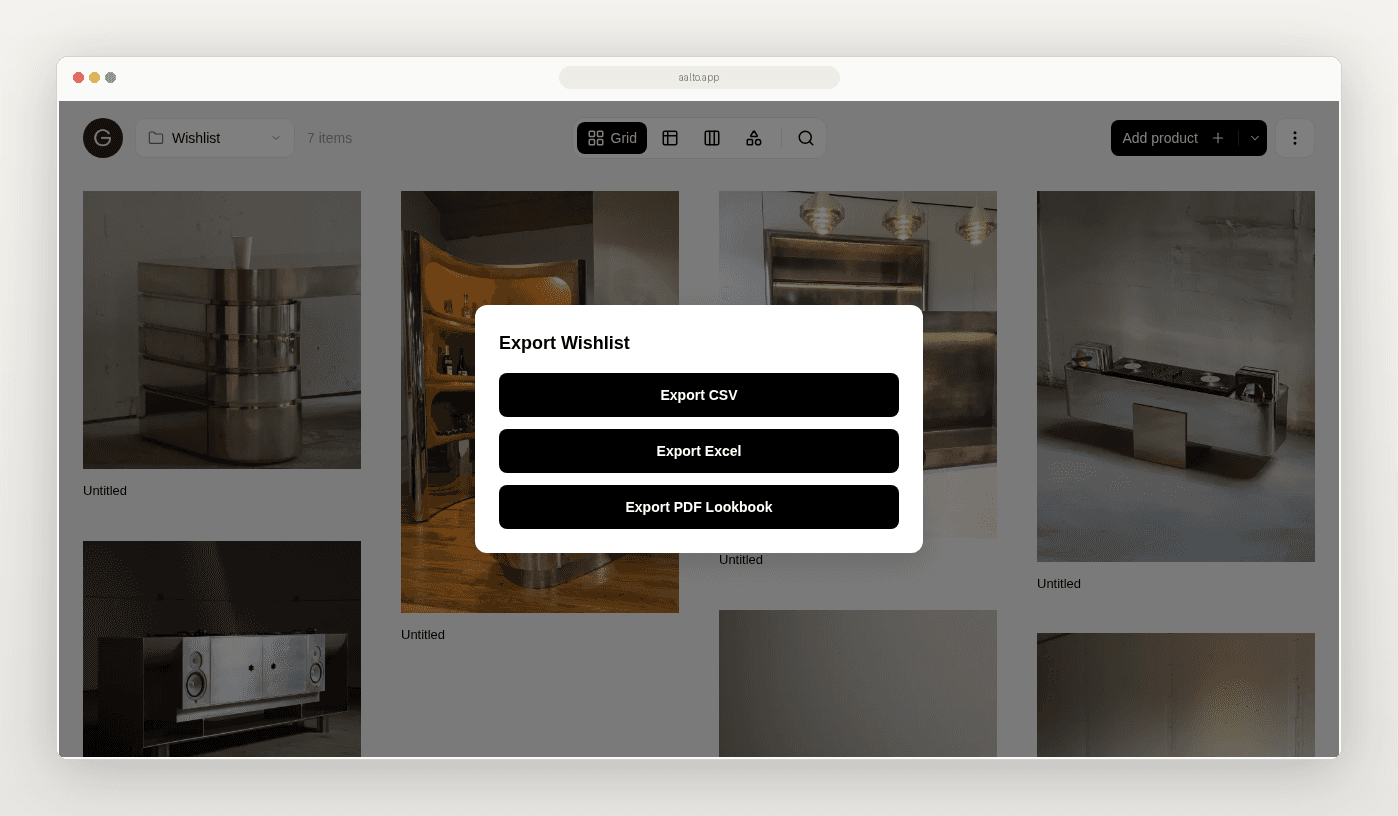 Aalto FF&E schedule export dialog in a browser frame