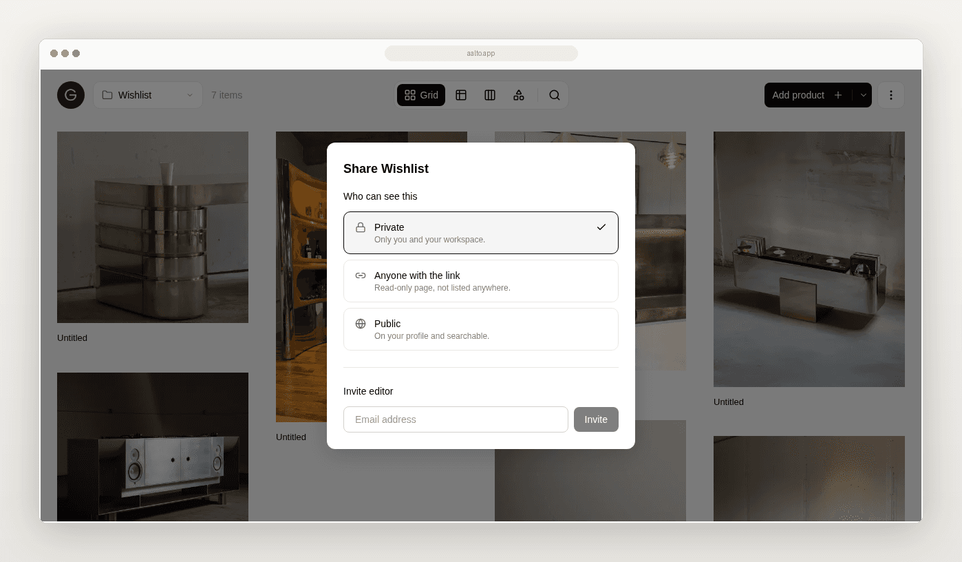 Aalto share product board dialog in a browser frame